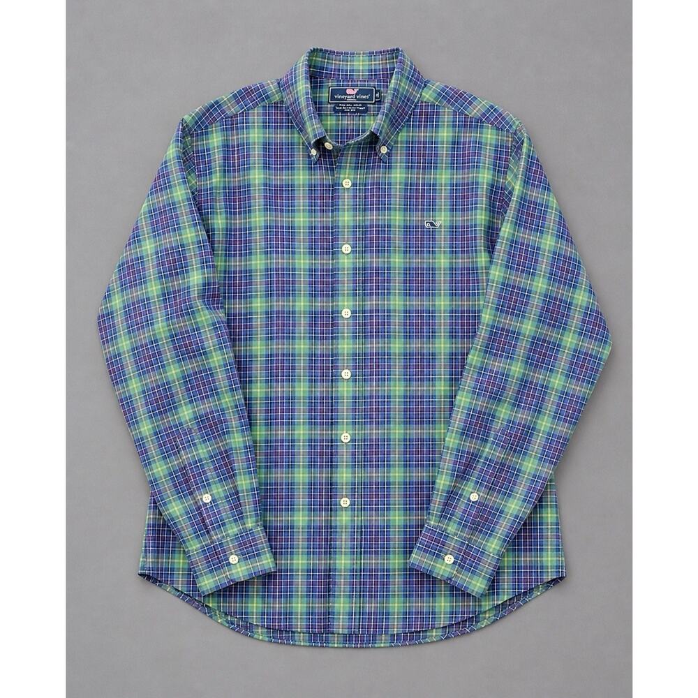 Vineyard Vines Shirt Mens Medium Purple Green Plaid Slim Fit Tucker Long Sleeve